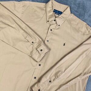 Vtg Ralph Lauren Men Button Down Shirt XXL Tan Custom Fit Long Sleeve Twill Pony